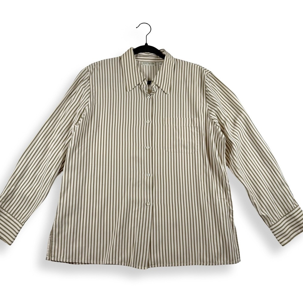 Ann Taylor 100% Silk Striped Button Down Shirt Brown White Size 14 Long Sleeve